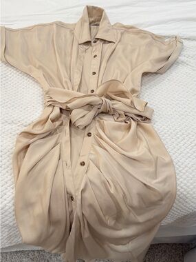 Fashion Nova Beige/Tan Midi Shirt Dress with Tie Waist